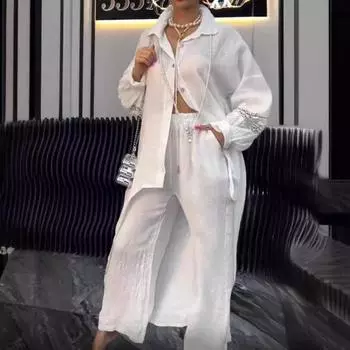 Шт./комплект осень-весна женская рубашка брюки комплект длинные рукава лацкан кружевные манжеты на пуговицах XXL белый