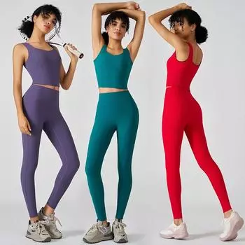 Штаны для йоги для женщин, ребристый квадратный вырез, майка без рукавов, спортивная одежда для фитнеса S чёрный