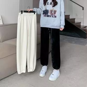 Штаны флисовые утолщенные хлопковые леггинсы детские осенние новые свободные прямые тонкие повседневные штаны S чёрный