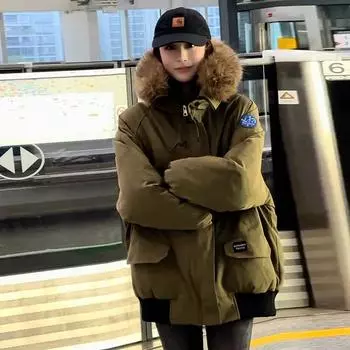 Штаты утолщенная хлопковая стеганая одежда женская зимняя 2024 новая свободная короткая куртка с капюшоном прилив S серый