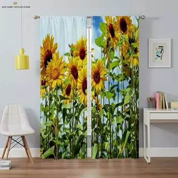 Штора из полиэфирного волокна с карманом, цветок подсолнуха, 3D-печатная штора, спальня, гостиная, кухня, наружная декоративная W50X130H(CM)X2PCS&Grommet Top