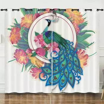 Штора Мультяшное Животное Павлин 3D Цифровая Печать Светонепроницаемая Штора На Люверсах 97cm*114cm*2