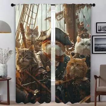 Шторы Cat Pirate Captain для гостиной, шторы, перегородки, шторы для домашнего интерьера, 2 шт., тюль для спальни, кухни W50xH70cmx2pcs-CL