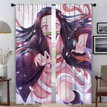 Шторы Demon Slayer для детской комнаты, перегородки для домашнего интерьера, 2 шт., тюль для спальни, затемняющие шторы для гостиной W50xH70cmx2pcs-CL