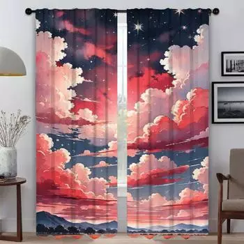 Шторы для гостиной Шторы Небо и Океан Кухонные Шторы 2 Части Хэллоуин Украшения Тюль для Спальни Разделительная Камера W50xH70cmx2pcs-CL