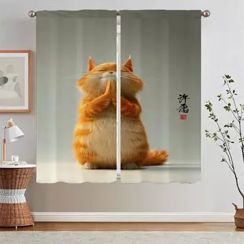 Шторы для кухни Шторы 2 шт. Окно Медитация Кошка Шкафы для гостиной Украшения Ткань Шторы Подхваты Шторы W50xH70cmx2pcs-CL