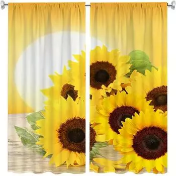 Шторы для кухни в деревенском стиле с подсолнухами - стиль винтажного фермерского дома, 2 панели, короткие шторы для столовой в стиле кафе, ботаническое искусство W65X60H(cm)X2Pcs&Hook