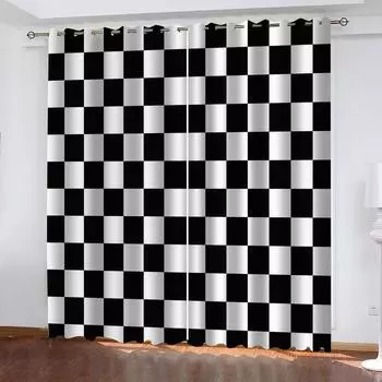 Шторы для спальни, анти-свет, 3D, узор в виде шахматной доски, занавески для домашнего декора, оконное оформление для спальни, гостиной W70xH160cmx2&Grommet Top