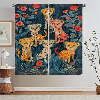 Шторы Happy Little Leopard для гостиной, тканевые подхваты для штор, короткие оконные шторы по акции, бесплатная доставка, кудри W50xH70cmx2pcs-CL