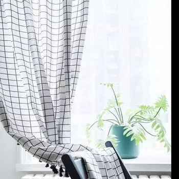 Шторы из белого и черного хлопка с кисточками из высококачественного льна с затемнением, полузатеняющие, тканые, для эркера, для дома, гостиной, крючки 150x160cm&Hooks