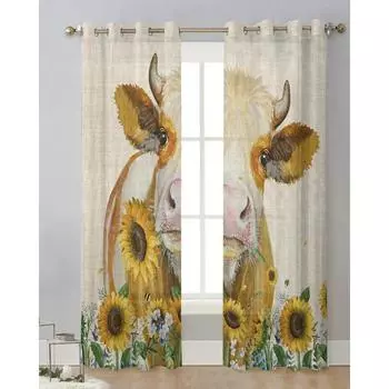 Шторы из тюля Farm Cow Sunflower для гостиной, спальни, прозрачные шторы на окна, кухни, балкона, современные шторы из вуали W135 x H115cm