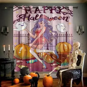 Шторы на Хэллоуин, ужасный замок, тыквенный принт, шторы из полиэфирного волокна, шторы для спальни, гостиной, украшения для вечеринки, 2 шт. W50xH140(CM)x2PCS&Rod pocket