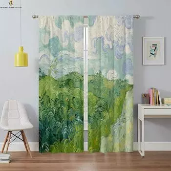 Шторы на окна Пейзаж Подсолнух Картина маслом Цветочный принт Шторы подходят для спальни студии общежития Декоративные шторы W50xH130(CM)x2PCS&Grommet Top