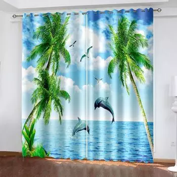 Шторы на окна с 3D-цифровой печатью, древесный пейзаж, играющий в дельфина, спальня, гостиная, 2 панели, бесплатная доставка 50W160H(CM)x2Panel&Hook