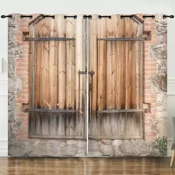 Шторы на окна сарая в деревенском стиле из дерева, старые гаражные ворота, наружные шторы с пейзажем для дома, спальни, гостиной, 2 панели W50xH130(CM)x2pcs&Hook