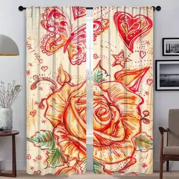 Шторы с бабочками и розами для спальни, элегантные шторы для комнаты, 2 шт., украшение на Хэллоуин, оконные шторы, перегородки для дома W50xH70cmx2pcs-CL