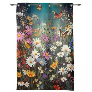 Шторы с цветком ромашки и кустами-бабочками для спальни, гостиной, оконные шторы, жалюзи, кухня, домашний декор, шторы 135W x 60H(cm) x1