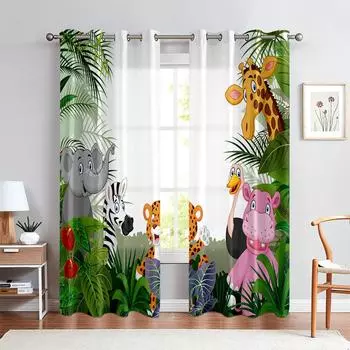 Шторы с изображением животных из мультфильмов для детской комнаты, тигр, слон, жираф, 2 панели, для мальчиков, девочек, для гостиной, декор спальни W50X130H(CM)X2PCS&Grommet Top