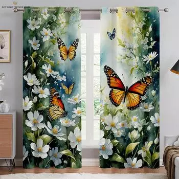 Шторы с принтом «Бабочки, цветы, акварель», декоративные шторы, спальня, гостиная, кабинет, можно сделать на заказ, 2 шт. W50X130H(CM)X2PCS&Grommet Top