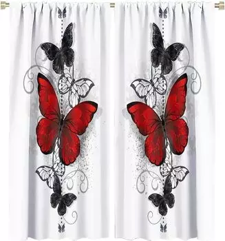 Шторы с принтом «Бабочки и цветы» для гостиной, длинные шторы для окон, готовые шторы для спальни для девочки, красные и синие 100W160H(CM)40x63in&Hook