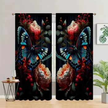 Шторы с принтом «Бабочки и цветы» для кабинета, кухни, гостиной, комнаты в общежитии, с карнизом, верхние оконные шторы, декор для спальни, новые W55 X H120cm X 2&HOOK