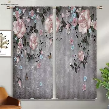 Шторы с принтом «Цветы и бабочки», шторы с карманами на карнизах в пасторальном стиле, спальня, гостиная, кухня, декоративные шторы на 4 сезона W50X130H(CM)X2PCS&Grommet Top