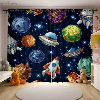 Шторы с принтом «Мультяшный космический астронавт» для детской комнаты, подходят для спальни, гостиной, кабинета, декоративные W50X130H(CM)X2PCS&Grommet Top