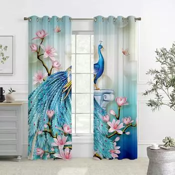Шторы с принтом павлина в стиле ретро, полузатемняющие декоративные шторы для гостиной, спальни, кухни, ванной комнаты и домашнего декора W50xH140(CM)x2PCS&Grommet Top