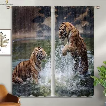 Шторы с принтом тигра и гепарда 3D, высококачественные черные шелковые затемняющие шторы, подходящие для спальни, кабинета, гостиной, штор 2 шт. W50xH130(CM)x2PCS&Grommet Top