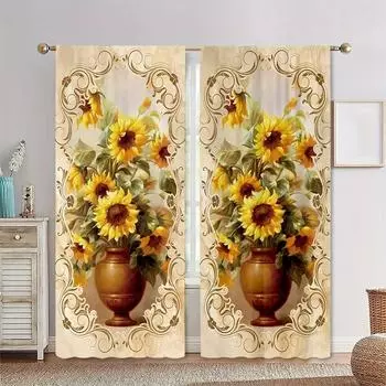 Шторы с принтом в виде подсолнуха и золотой вазы, карманное оформление окна для спальни, офиса, кухни, гостиной, домашнего декора, для девочек, 2 шт. W50 X H130(CM)X2&Hook