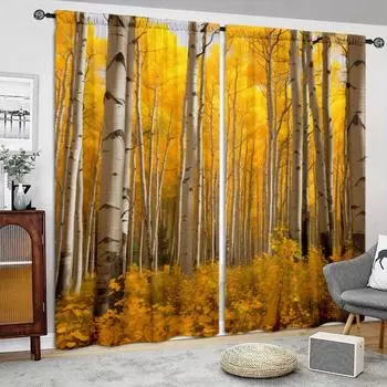 Шторы с принтом «Желтая береза» для домашнего декора — оконные карманы с карнизом для спальни, кухни, гостиной 52.5cmX116cm X 2pcs