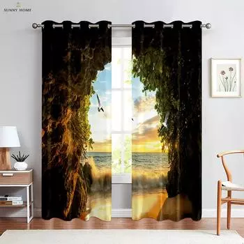 Шторы с реалистичными эффектами, Оконный пейзаж, Водопад на берегу моря, Шторы со звездным небом, Спальня, Гостиная, Кухонные шторы W50xH140(CM)x2PCS&Rod pocket