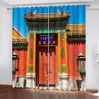 Шторы салон 2 шт. Китайская архитектура 3D принт узор оконная штора для ребенка Детская Мальчик спальня гостиная дом W70xH160cmx2&Grommet Top