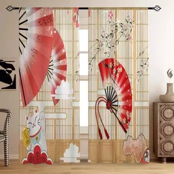 Шторы в японском стиле Fan Cat Wooden Door Cherry Blossom занавеска для гостиной спальни Home Decor 2 панели High Shading New W55 X H120cm X 2&HOOK