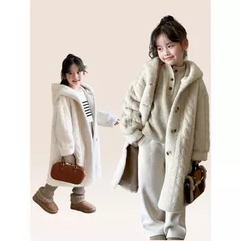 Шуба для девочек Детская шуба из утолщенной норки, бархатная шуба из экологического меха, детское зимнее пальто 110cm бежевый