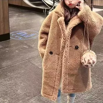 Шуба для девочек осенняя и зимняя одежда для мальчиков среднего и старшего возраста детская овечья шерсть утолщенная детская длинная одежда, зимнее пальто 90cm темно-коричневого