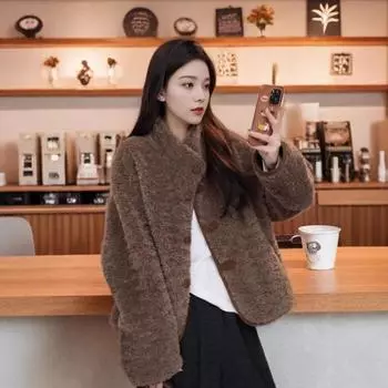 Шуба из бархата с износом % шерсти с обеих сторон Женская маленькая стойка воротник Стрижка овец Пальто из овечьей шерсти короткое S [Recommended within 55kg]