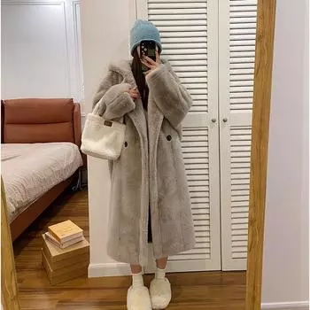 Шуба из искусственного бархата Teddy Bear, длинная женская зимняя шуба с капюшоном, норковый бархат, экологически чистый мех XS57.5kg or less