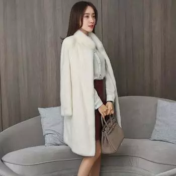 Шуба из искусственного меха норки женская зимняя новая средняя и длинная шуба из искусственного меха норка воротник-стойка S слоновая кость