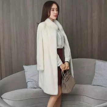 Шуба из искусственной норки Искусственный мех женский Зимняя куртка Haining средней и длинной длины с воротником-стойкой с хлопком и утолщенной женской одеждой S слоновая кость