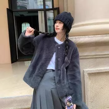 Шуба из искусственной норки с интегрированным мехом, короткая, на осень и зиму, новая, с круглым вырезом, с плюшевым верхом, свободная, меховая шуба для женщин S [80-50kg]