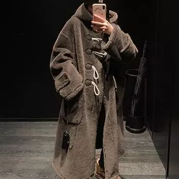 Шуба из меха бурого медведя с пряжкой из рога овцы, женская шуба из ягненка, интегрированная шуба из меха овцы, женская шуба из меха ягненка average size