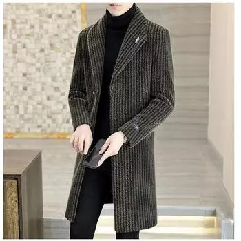 Шуба из меха золотого соболя, мужская ветровка средней длины с утолщенным хлопком, зимнее высококачественное шерстяное пальто в большую полоску M