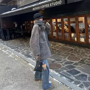 Шуба из овечьего меха, женское зимнее свободное шерстяное пальто средней длины и длины S серый