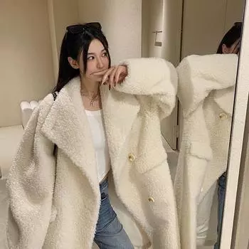 Шуба из овечьей шерсти, шерстяная куртка, повседневная, длинная, зимняя, утолщенная S темный кофе