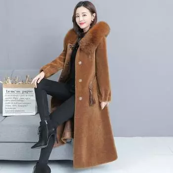 Шуба из овечьей шерсти, женская, весенняя акция 2024 года, зернистый флисовый мех, встроенный капюшон с воротником из лисьего меха M чёрный