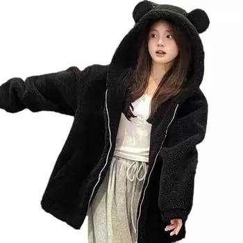 Шуба с капюшоном из молодой овечьей шерсти с медвежьими ушками для женщин на осень и зиму, новое утолщенное плюшевое пальто M
