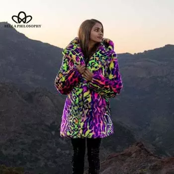 Шуба с капюшоном осень-зима средней длины неоновый леопардовый принт шуба искусственный мех женский искусственный мех короткое пальто S жёлтый