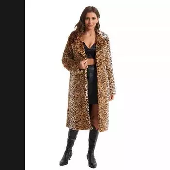 Шуба с леопардовым принтом женская одежда 2024 осень-зима утолщенная теплая кроличья плюшевая шуба большого размера длинная искусственная шуба S леопардовый