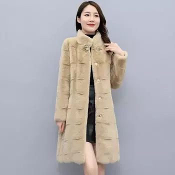 Шуба женская новая осень и зима молодая средняя и длинная искусственная норка воротник тонкая шуба M темно-серого